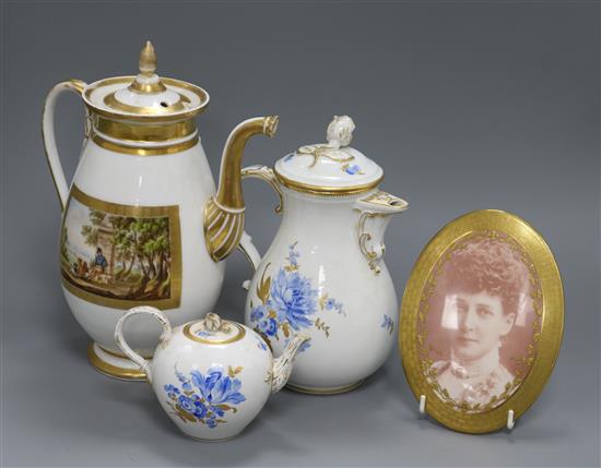 A Meissen teapot, a Meissen coffee pot, a Chelsea plaque and another coffee pot, tallest 29cm